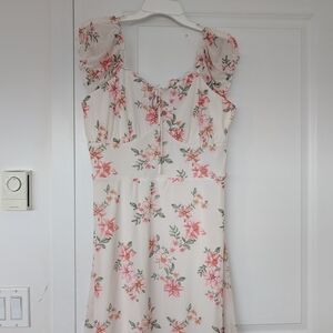 Women's Floral Puff-Sleeve Midi Dress - White with Pink Floral